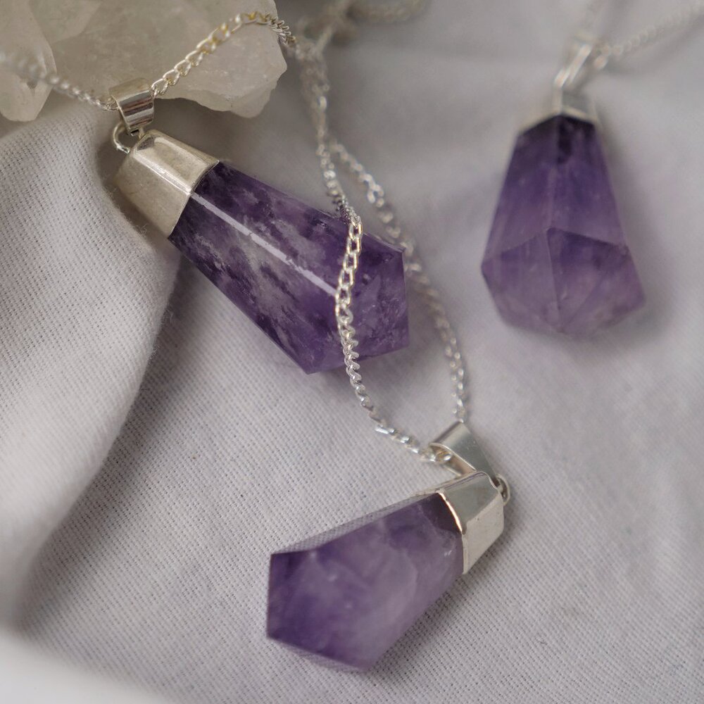 Polished Amethyst Crystal Point Necklace Pendant